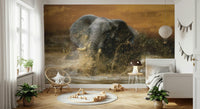 African Safari Wall Mural – Elephants – Vibrant mural showcasing elephants in a river or waterhole during safari.