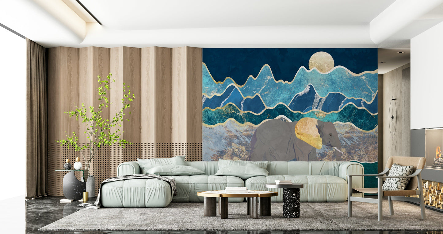Large scale Elephant Vista Wall Mural in a hallway.