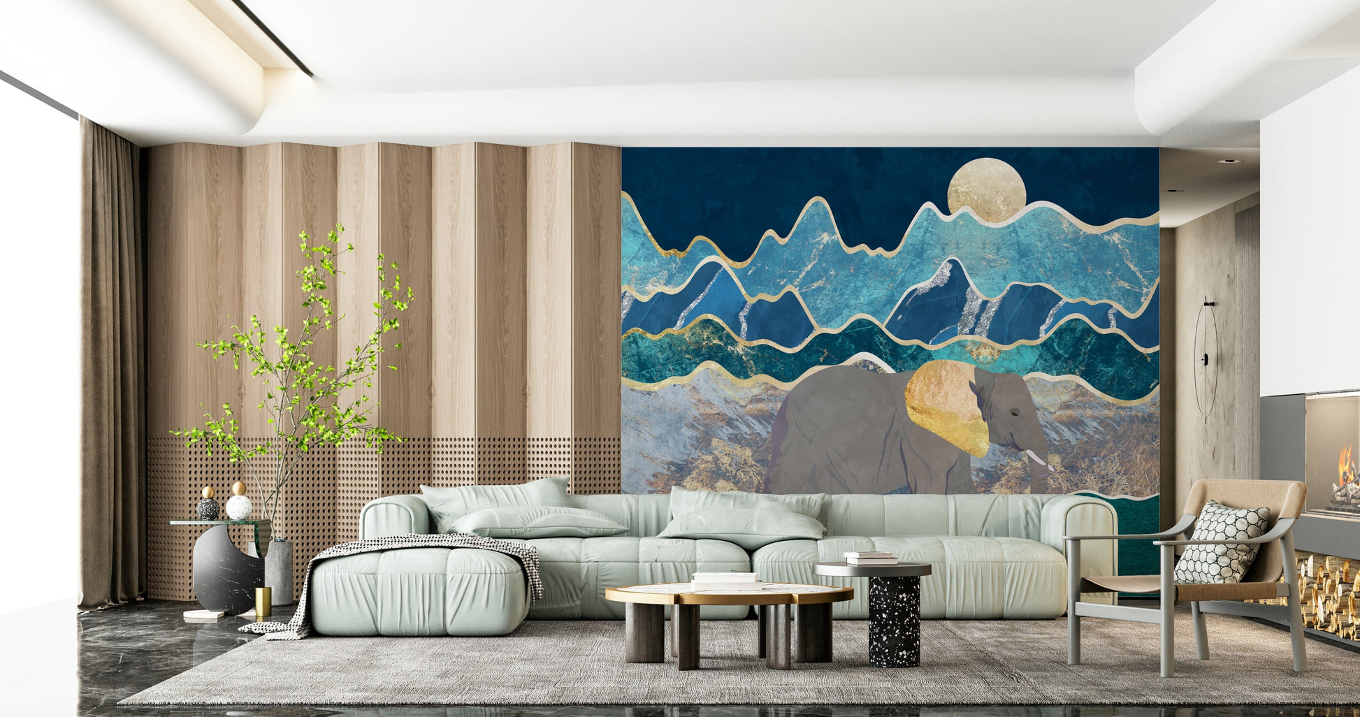 Large scale Elephant Vista Wall Mural in a hallway.