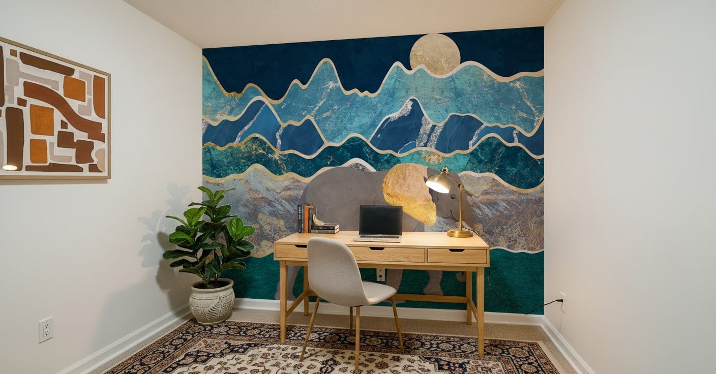 Elephant Vista Wall Mural behind a timber furniture set.
