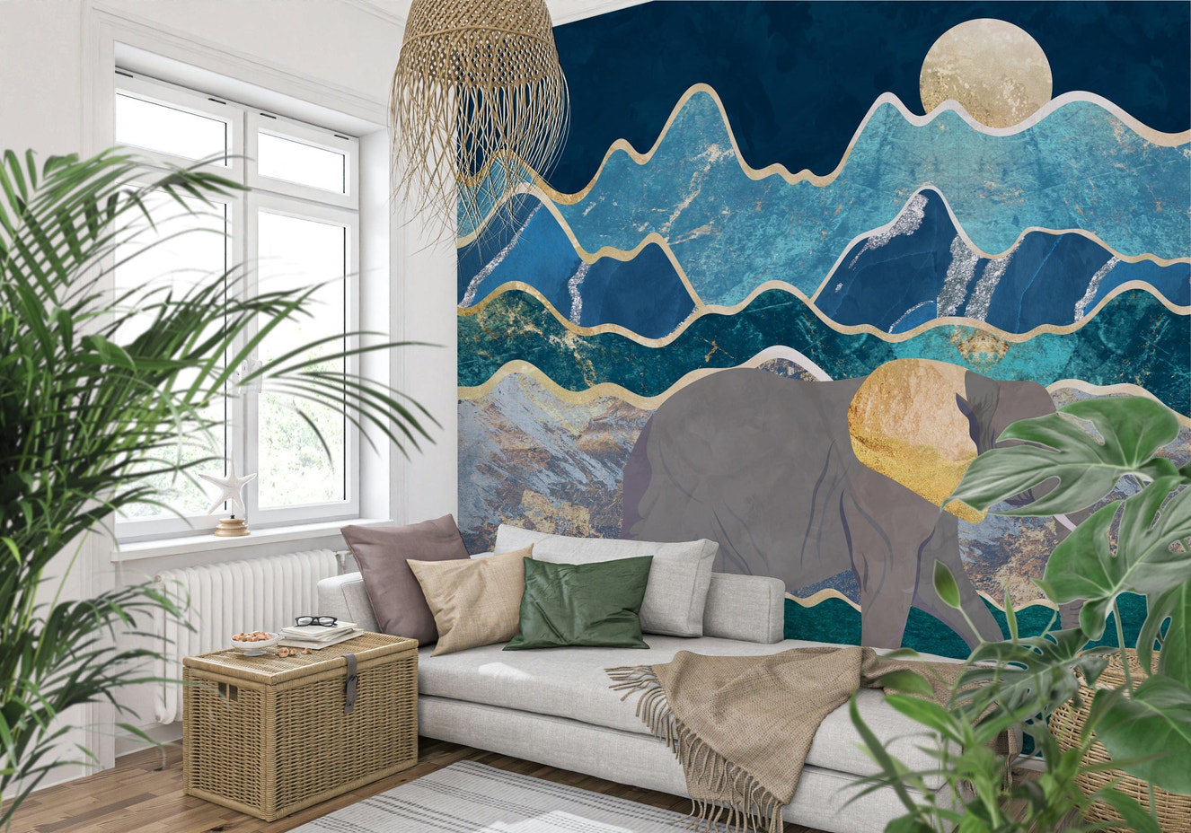 Contemporary home styling with a wildlife wall mural.