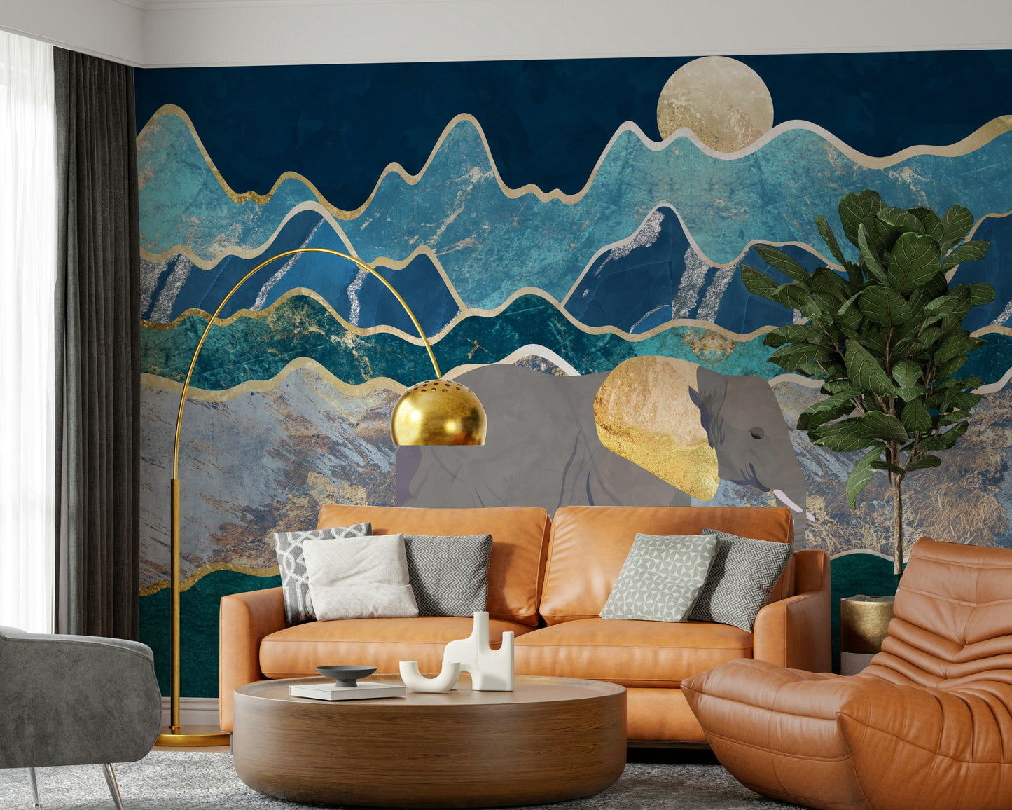 Nature-inspired feature wall in a sunlit lounge.