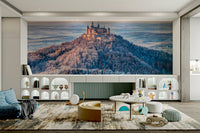 The wall mural is installed on a living room feature wall.

