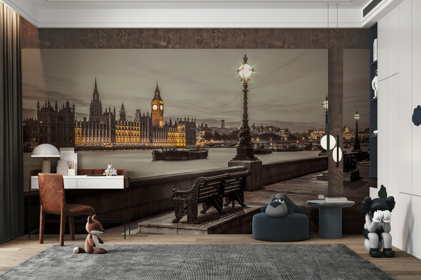 Iconic London Embankment scene mural with Big Ben and river.


