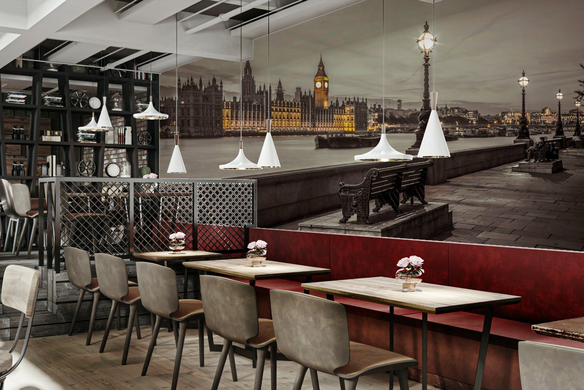 Elegant cityscape mural featuring the Embankment and Big Ben.

