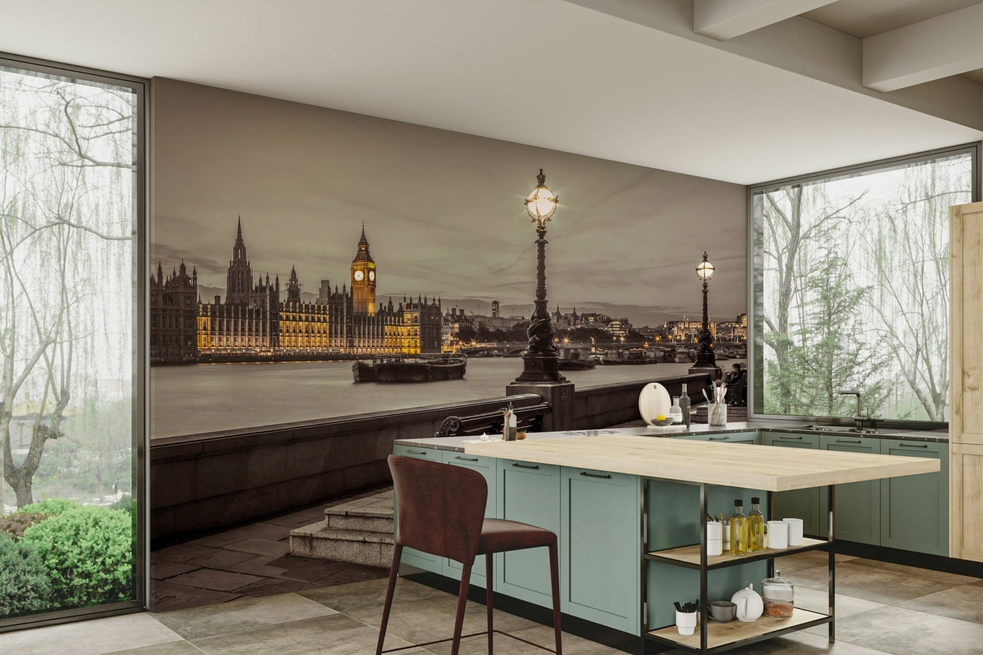 Embankment Bench Wall Mural with the view of Big Ben and the Thames.


