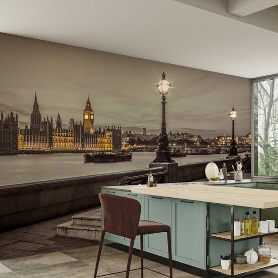 Embankment Bench Wall Mural with the view of Big Ben and the Thames.

