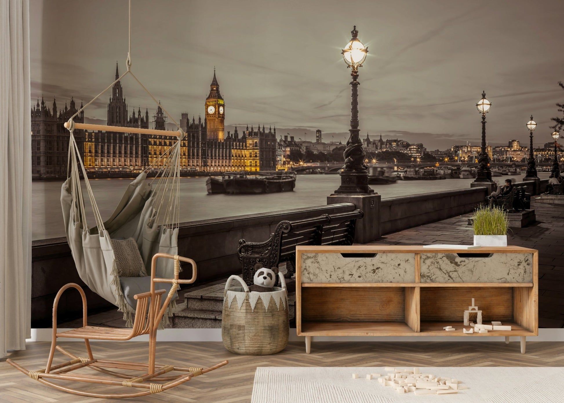 Peaceful bench by the Thames captured in Embankment Wall Mural.

