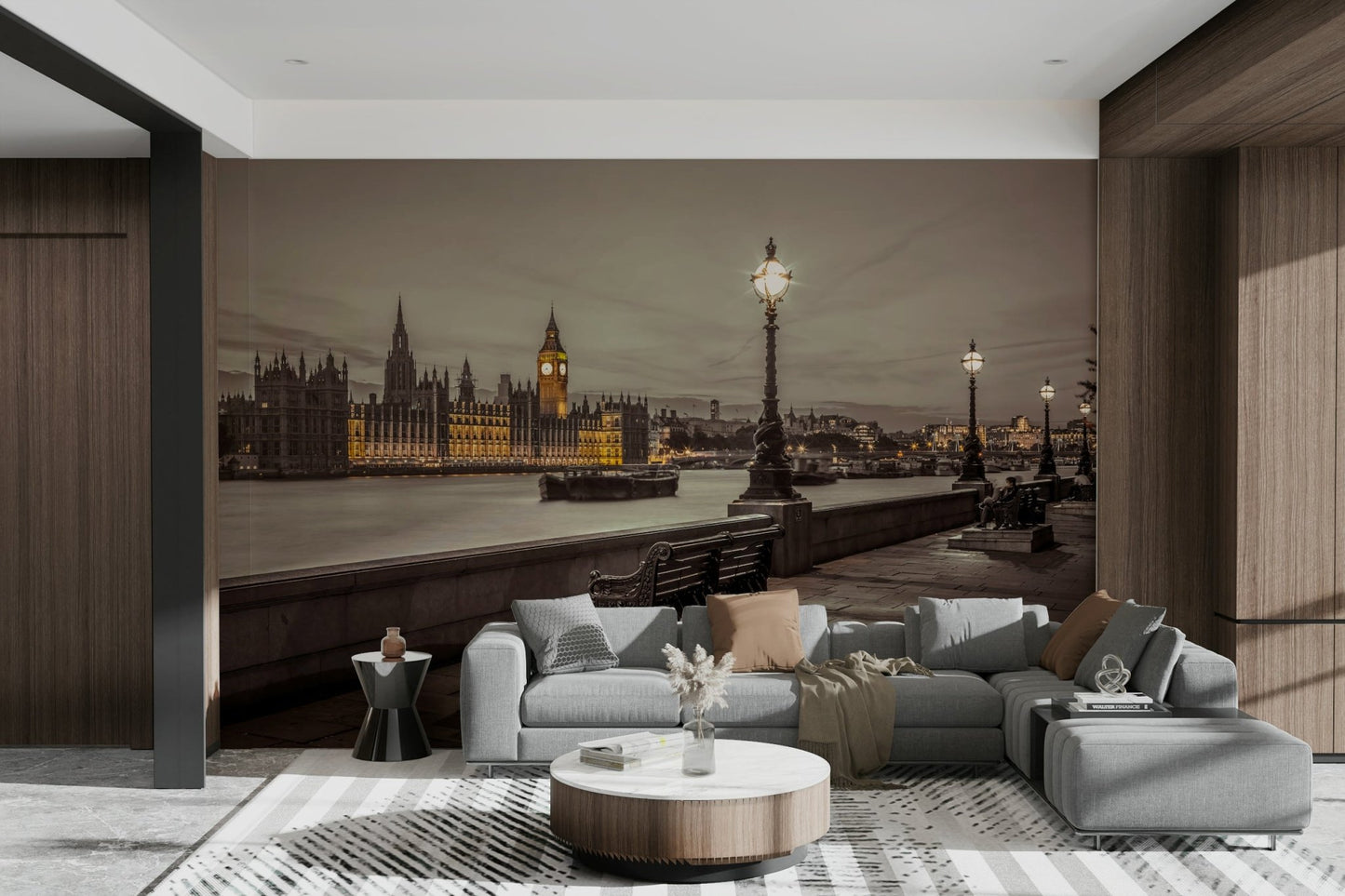 Embankment Bench Wall Mural creating a serene London vibe.

