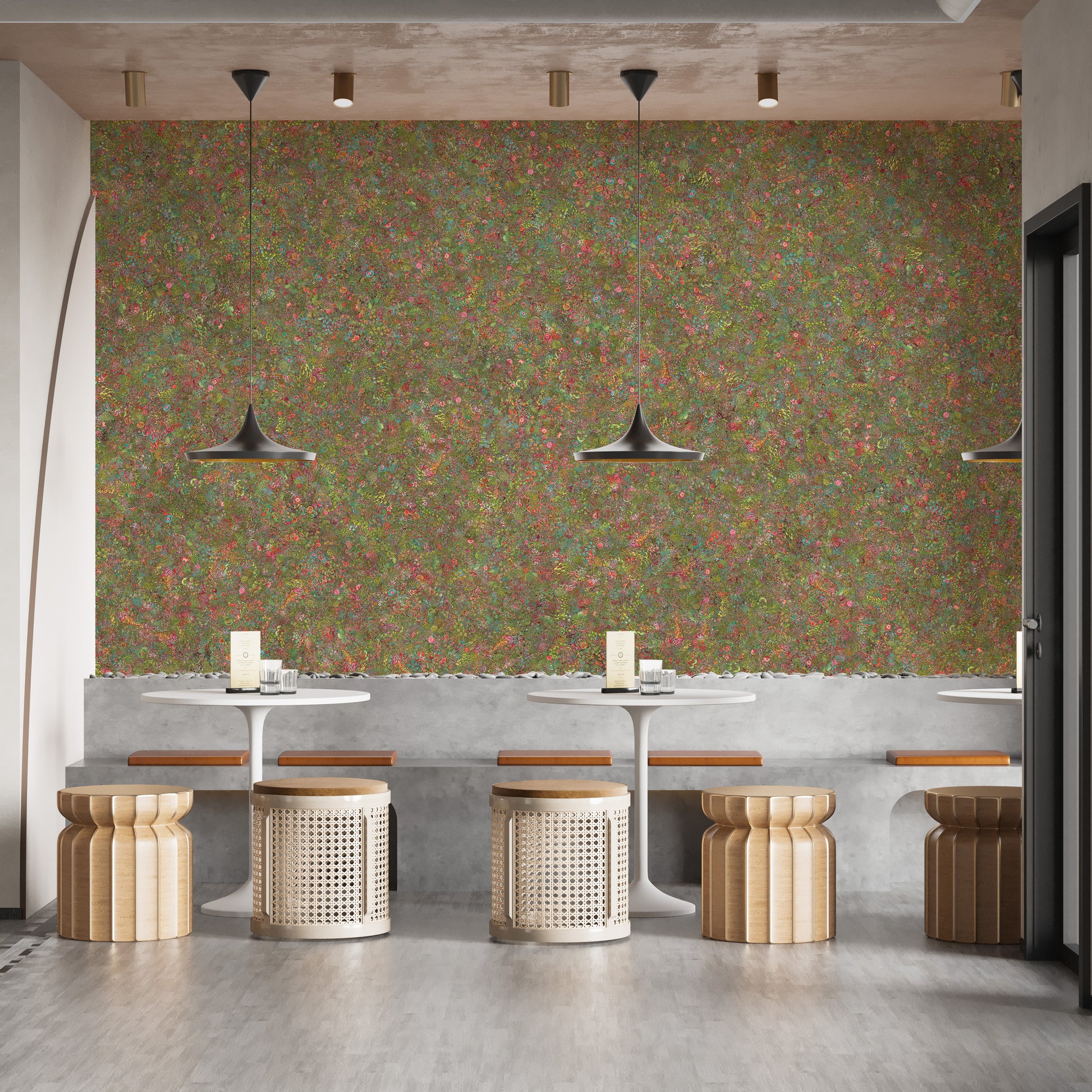Embroidery Colorful Floral Removable wallpaper mural in multicolor florals behind cafe tables and rattan stools