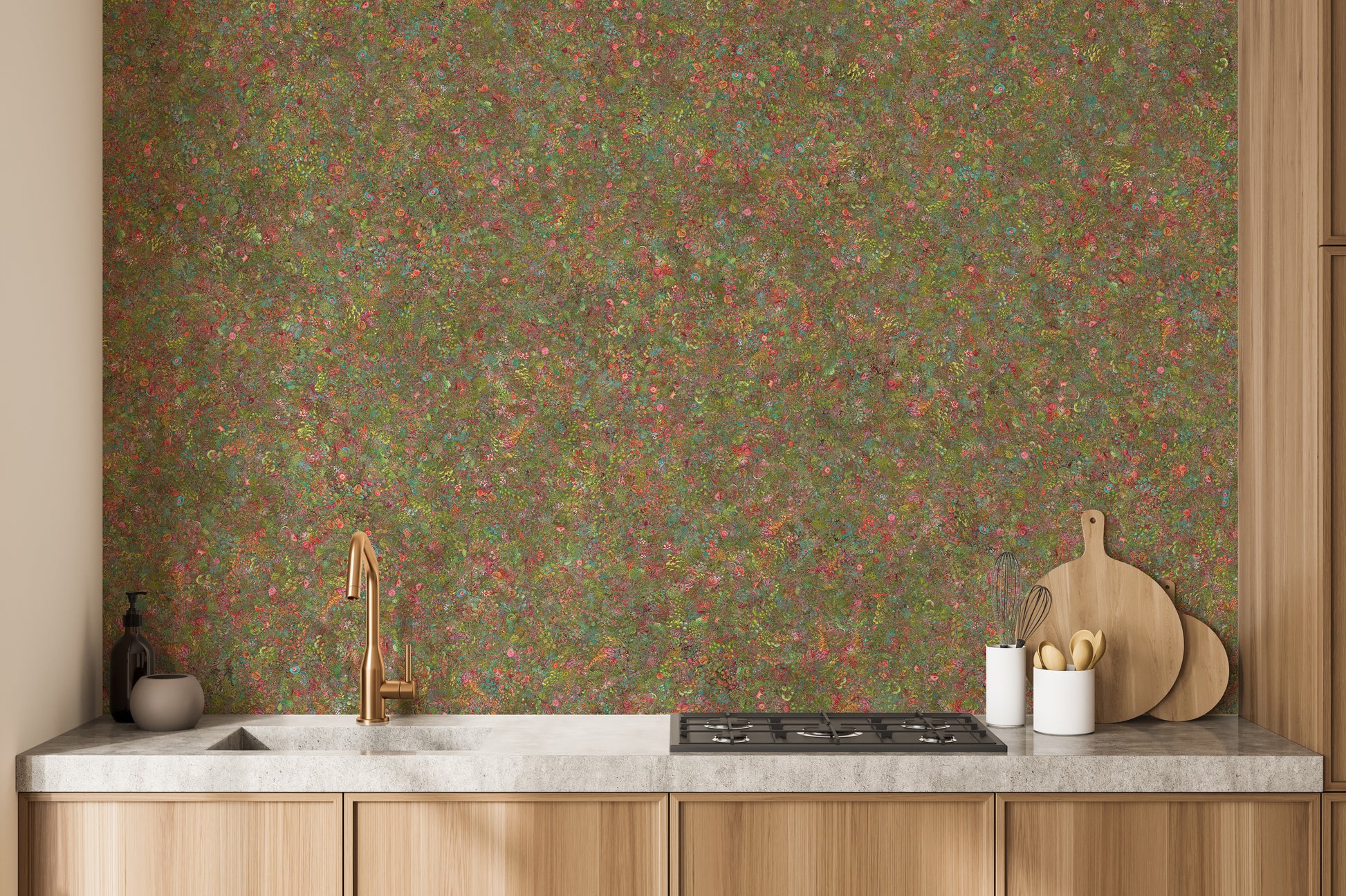 Embroidery Colorful Floral Removable wallpaper mural in red and green specks above a wood kitchen counter and sink