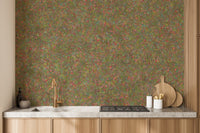 Embroidery Colorful Floral Removable wallpaper mural in red and green specks above a wood kitchen counter and sink