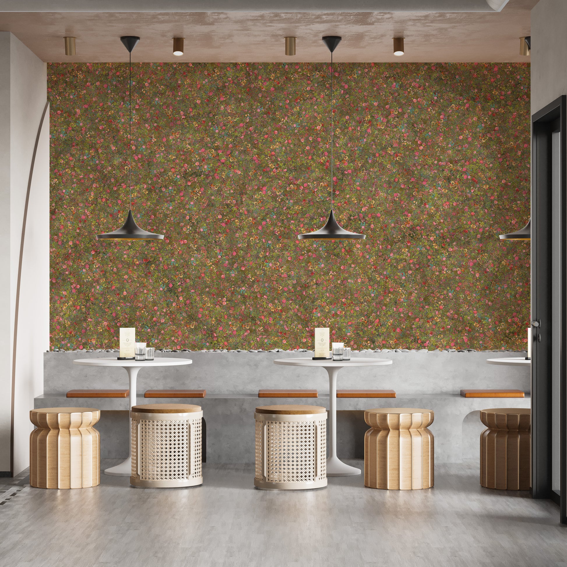 Embroidery Spring Flowers Pink and Green Wallpaper Murals - Giffywalls