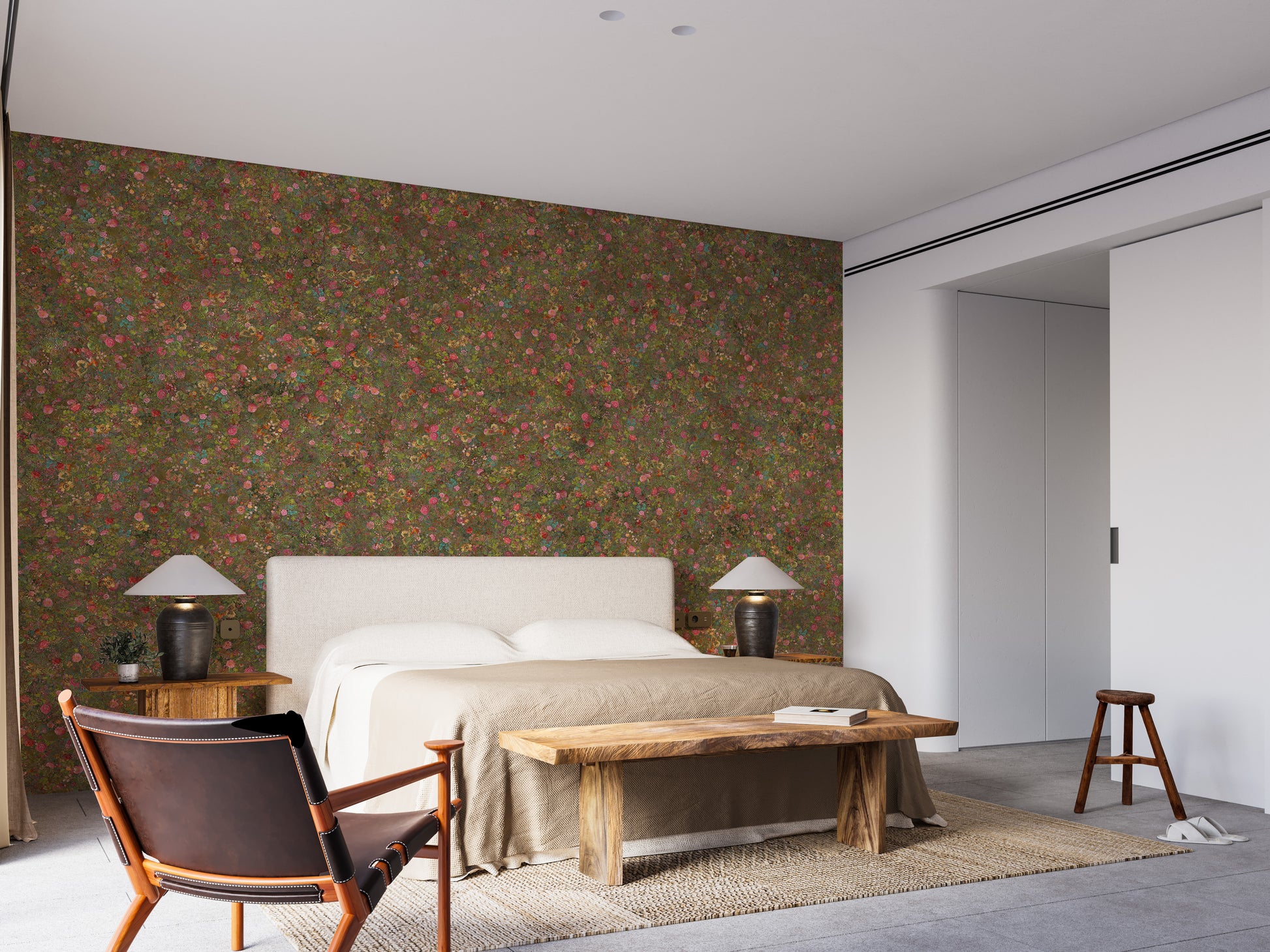 Embroidery Spring Flowers Pink and Green Wallpaper Murals - Giffywalls