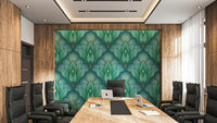 Wallpaper with an Art Deco emerald lotus pattern.

