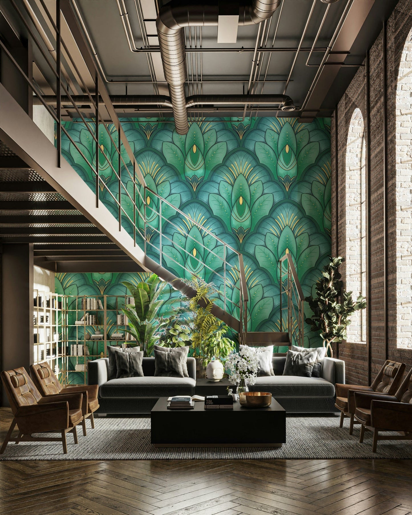 The wallpaper shows a clean, geometric floral design.

