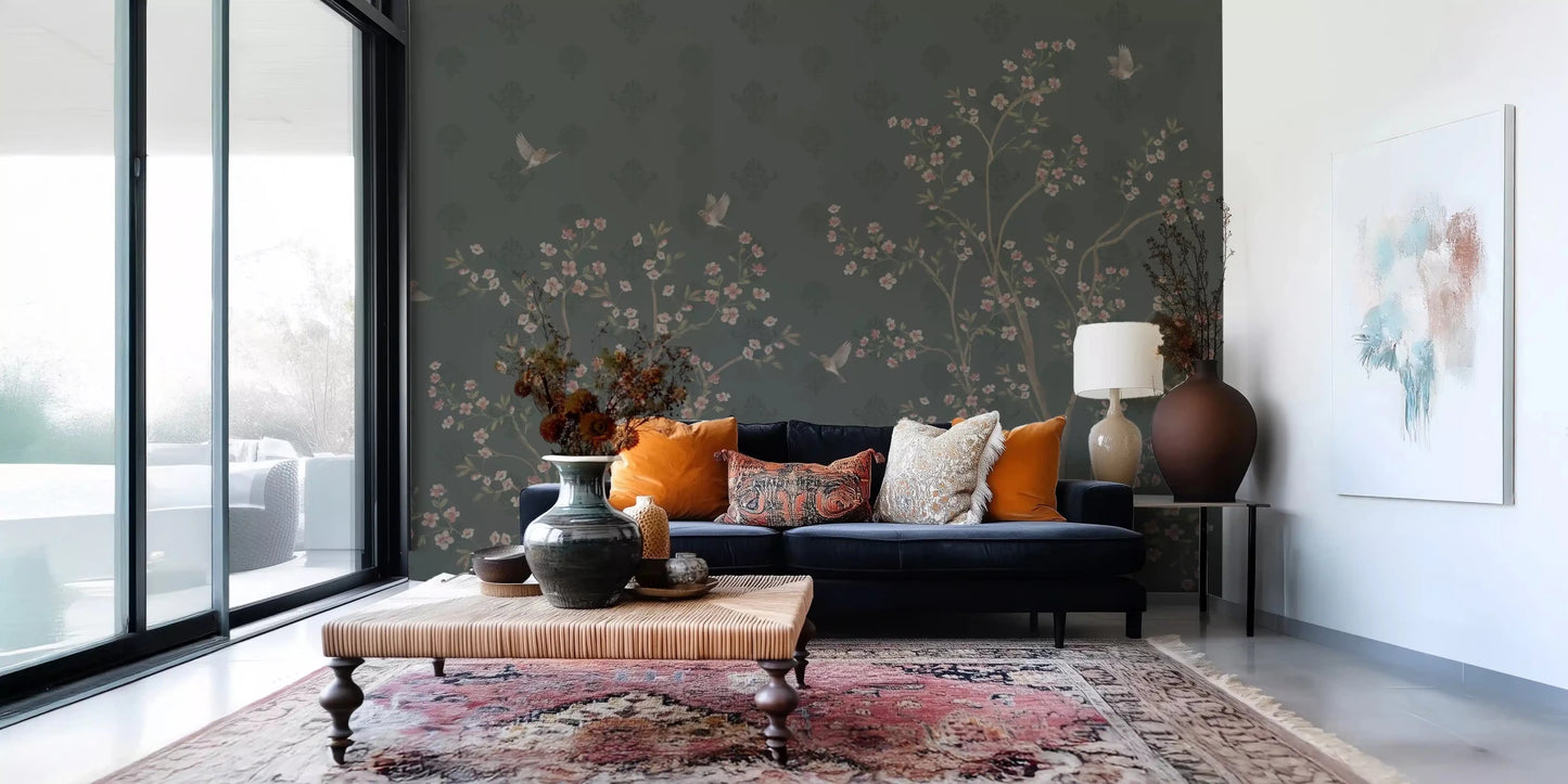 Emerald Bloom & Flight hallway Wall Mural in a sophisticated moody green.