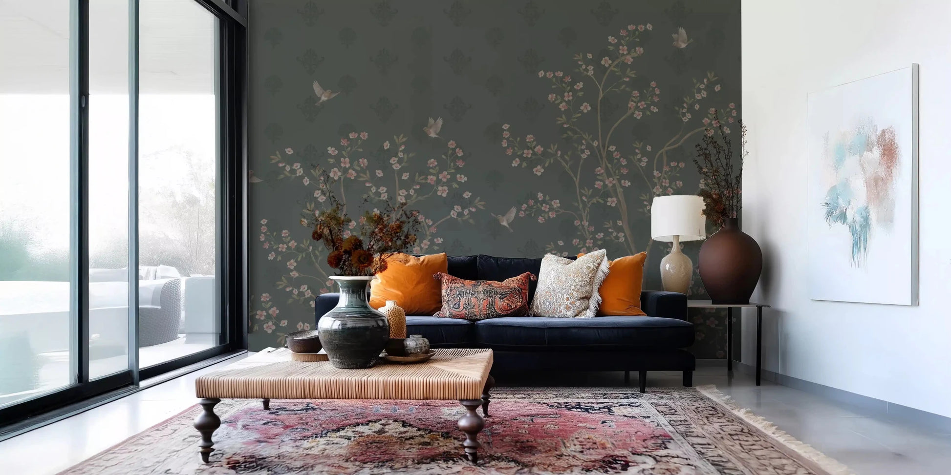 Emerald Bloom & Flight hallway Wall Mural in a sophisticated moody green.