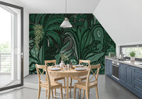 Detailed forest illustration on the Emerald Canopy Jungle Noctiverdis Plants Wall Mural