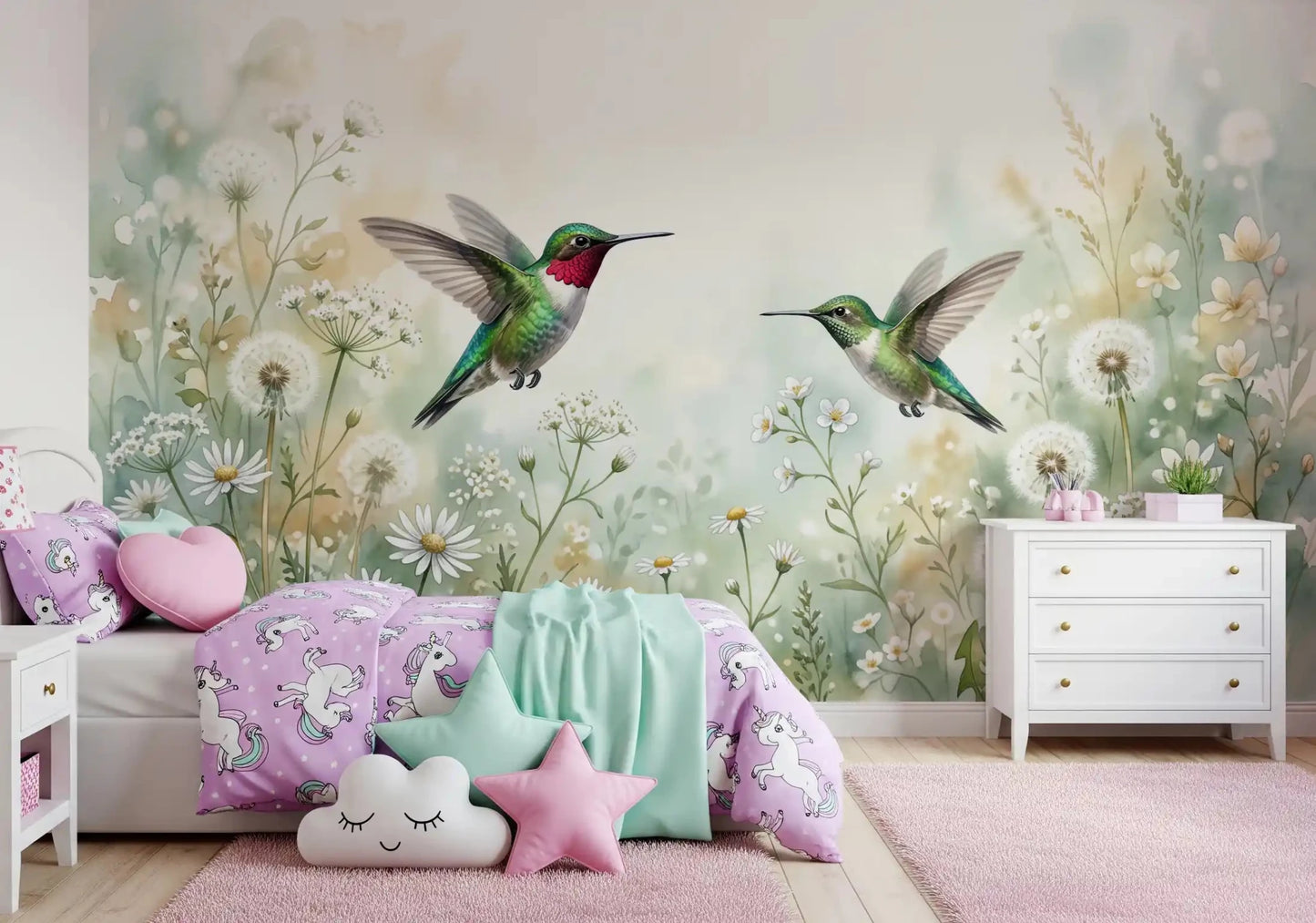 A vibrant hummingbird and flowers in this wall mural create a nature-inspired space.