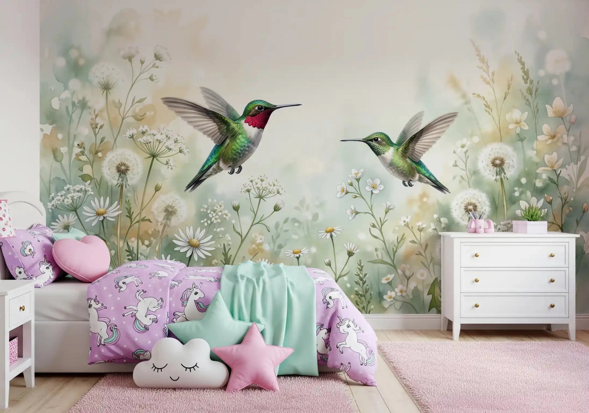 A vibrant hummingbird and flowers in this wall mural create a nature-inspired space.