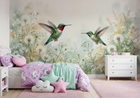 A vibrant hummingbird and flowers in this wall mural create a nature-inspired space.