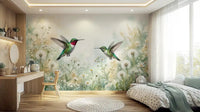 Enhance your living room with the Emerald Dance watercolor wall mural featuring lush blooms.