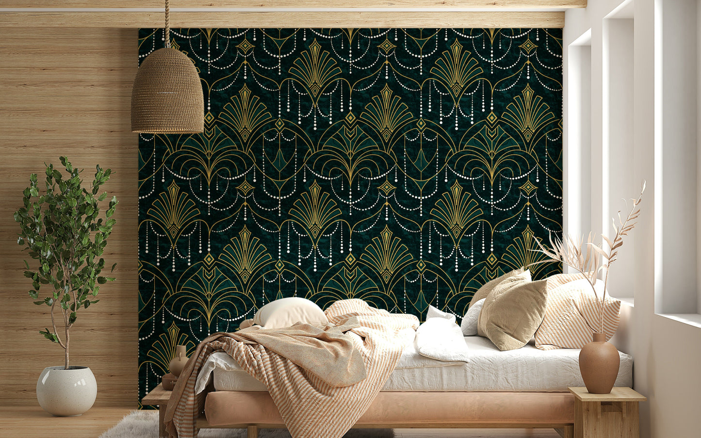 Emerald and gold Art Deco wallpaper with layered geometric shapes for elegant home decor.