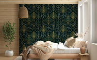 Emerald and gold Art Deco wallpaper with layered geometric shapes for elegant home decor.