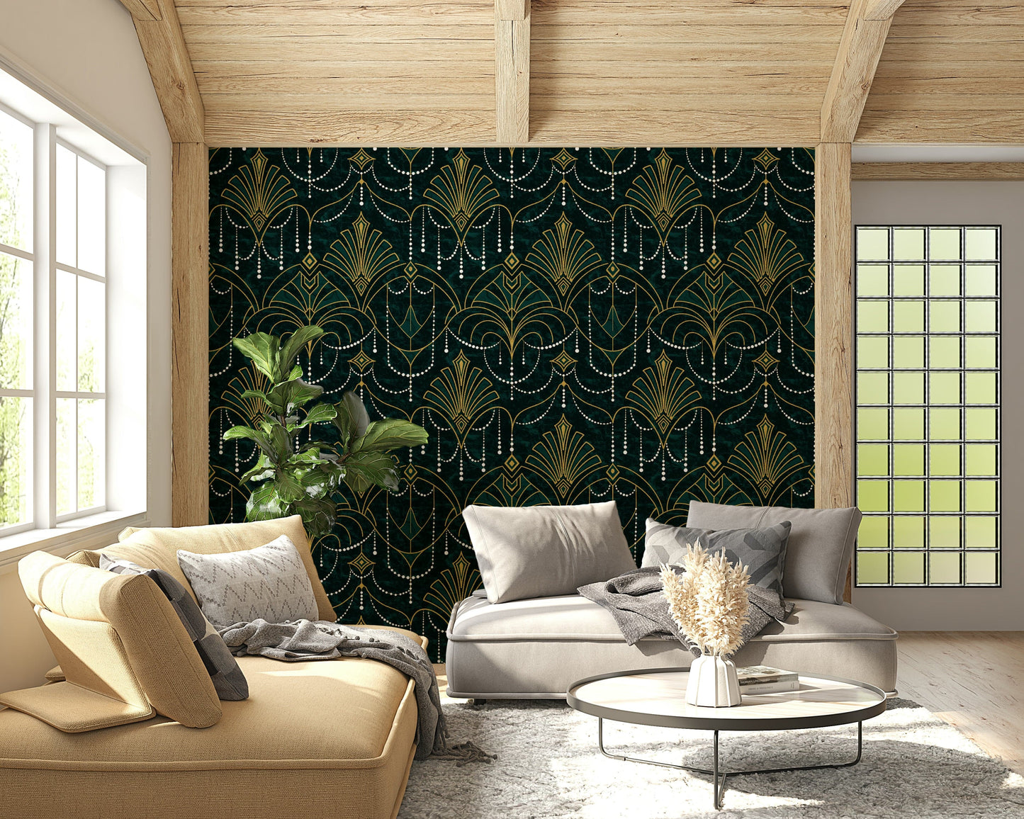 Decorative wall mural featuring gilded geometric patterns on rich emerald green background.