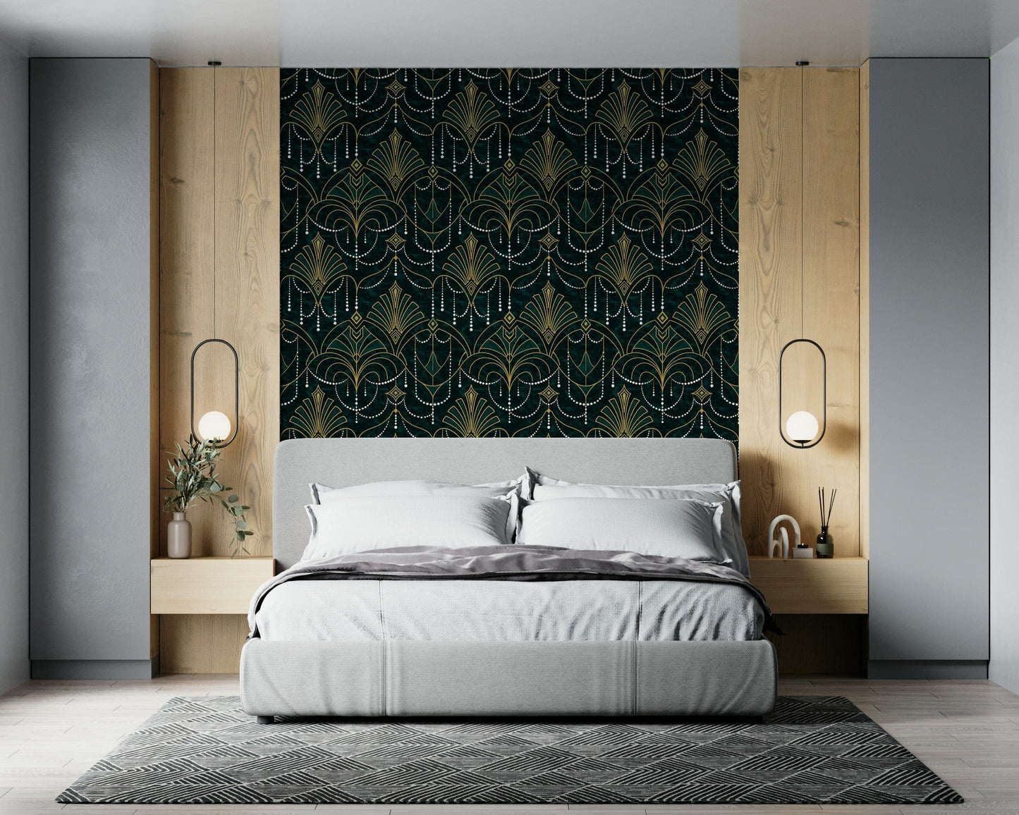 Abstract Art Deco wallpaper with emerald triangles, fans, and gilded outlines.