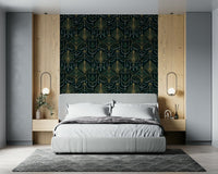 Abstract Art Deco wallpaper with emerald triangles, fans, and gilded outlines.