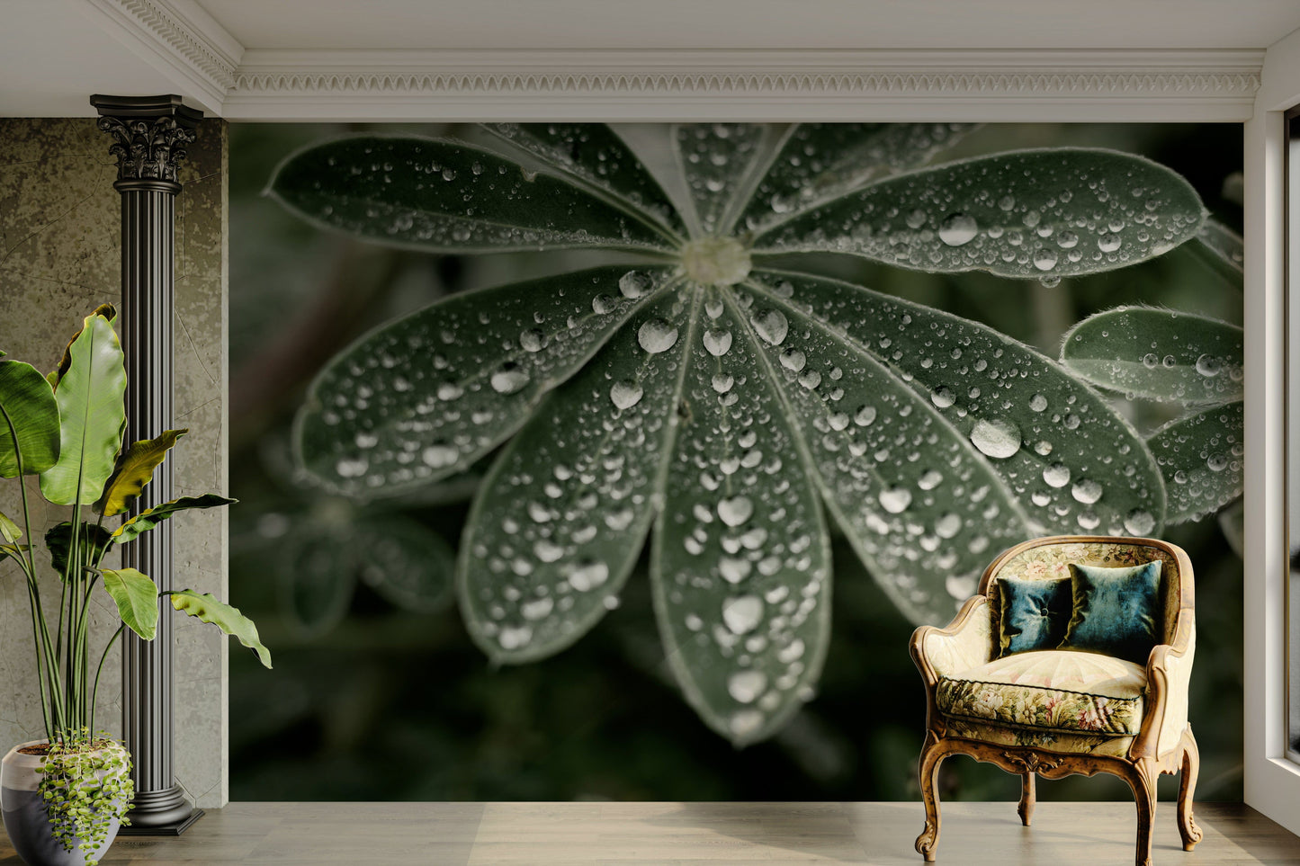 A detail shot of the elegant lines in the wallpaper.