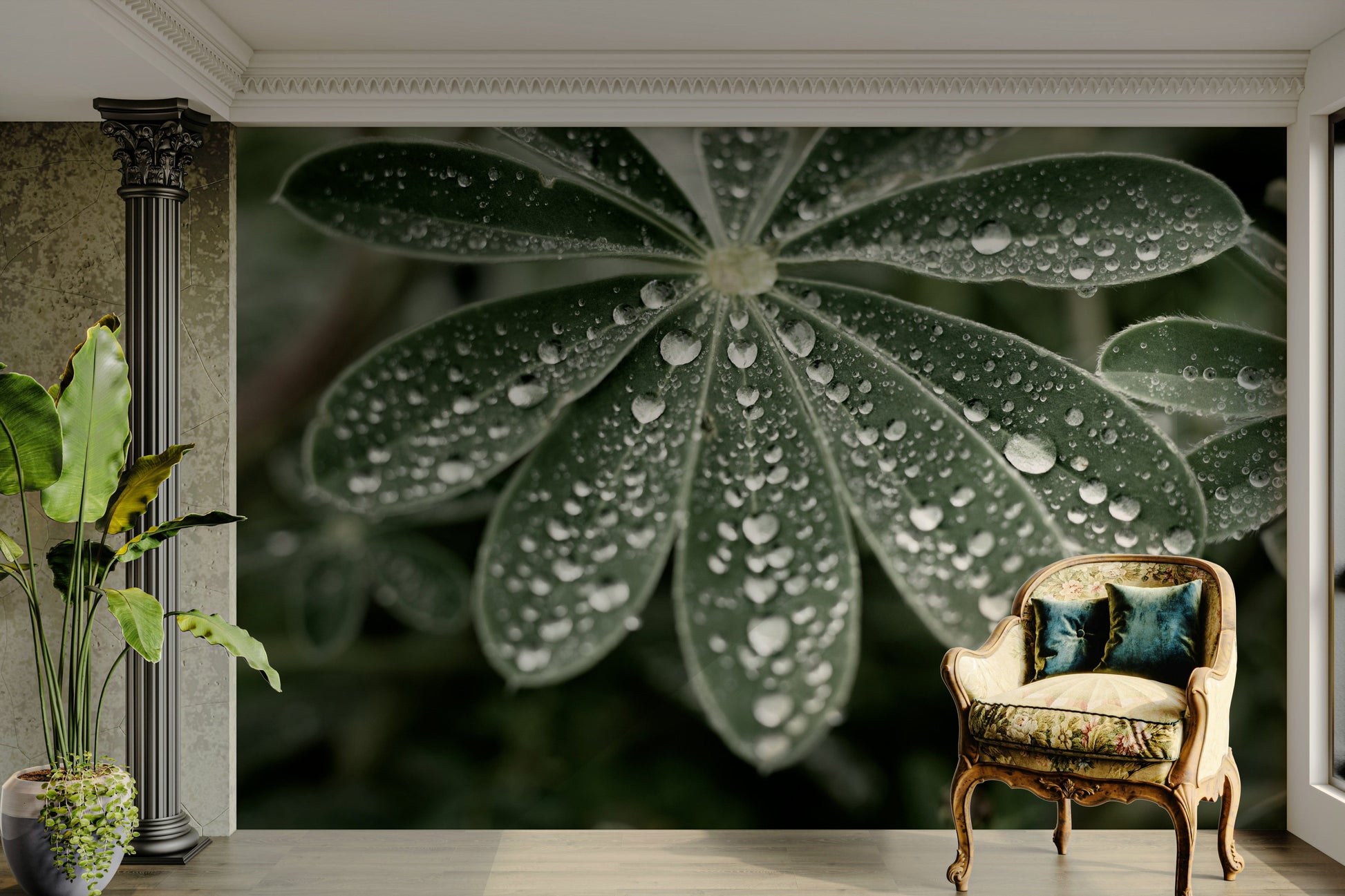 A detail shot of the elegant lines in the wallpaper.