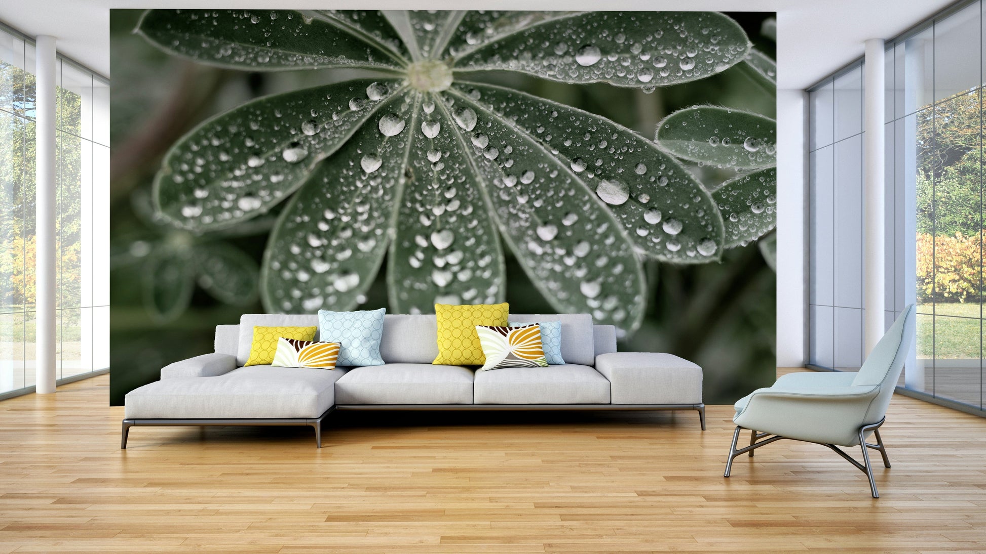 A living room featuring the blue lupine wall mural.