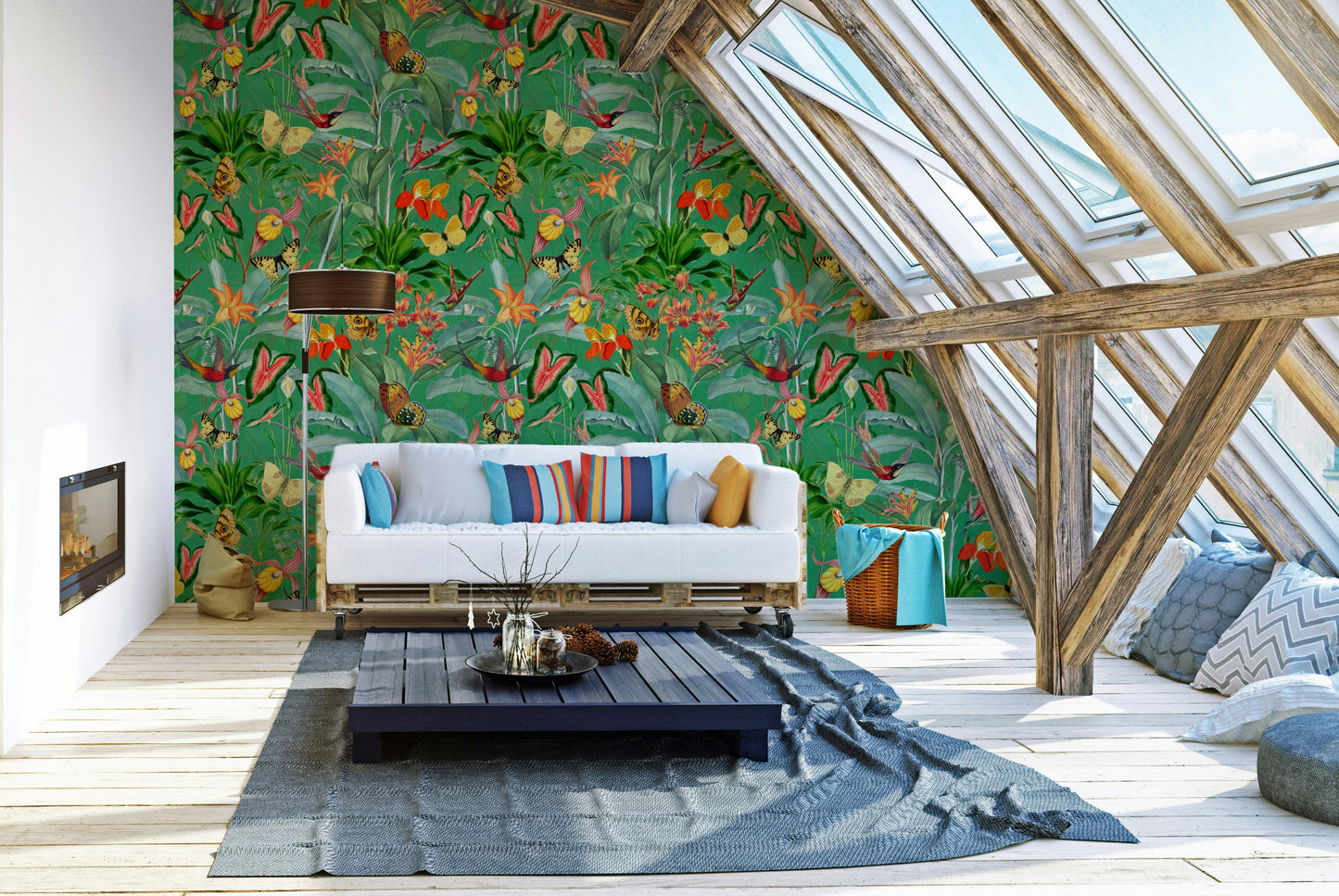Botanical wallpaper with emerald hues bringing nature indoors

