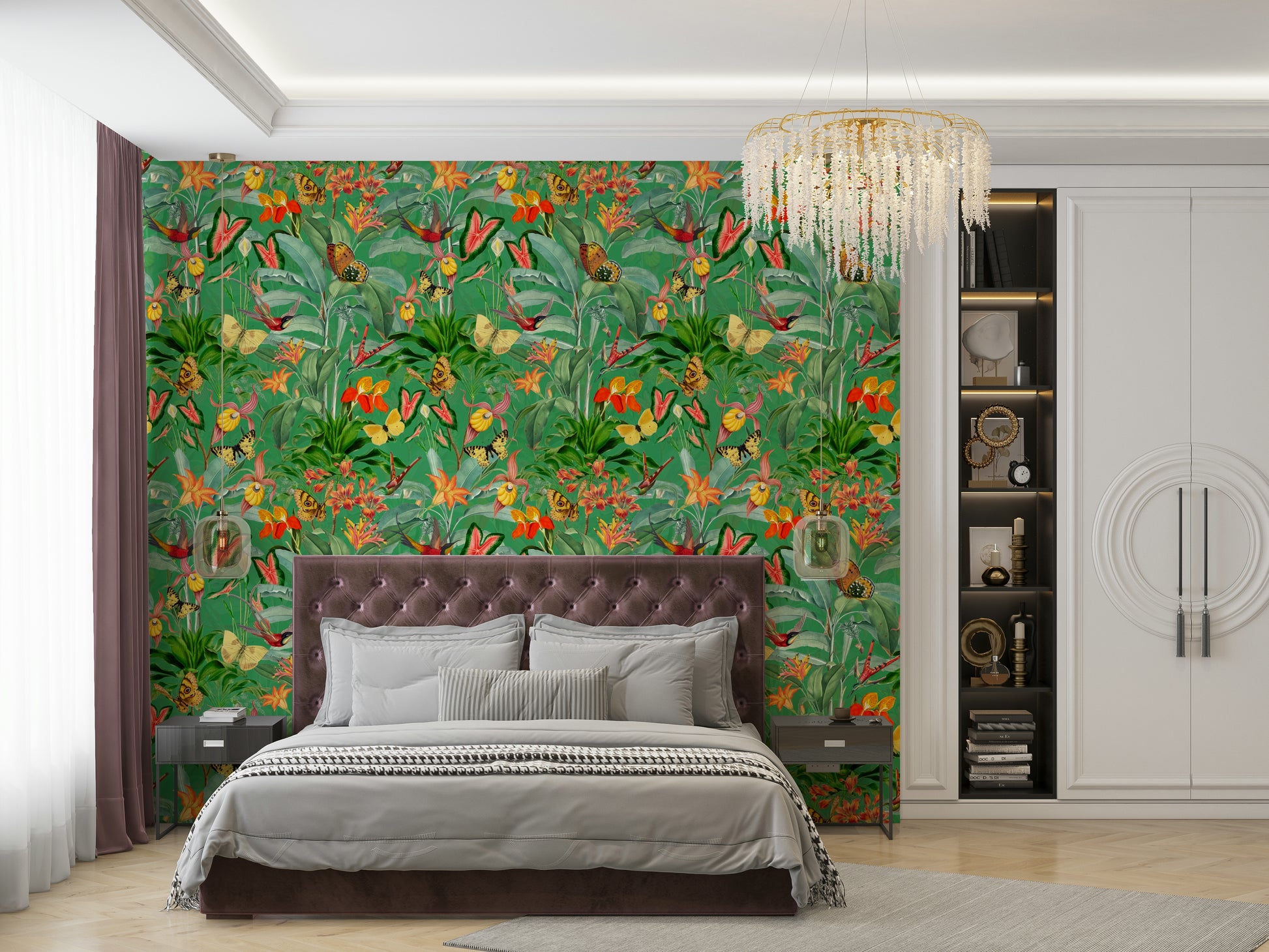 Vibrant tropical botanical wallpaper with deep emerald foliage

