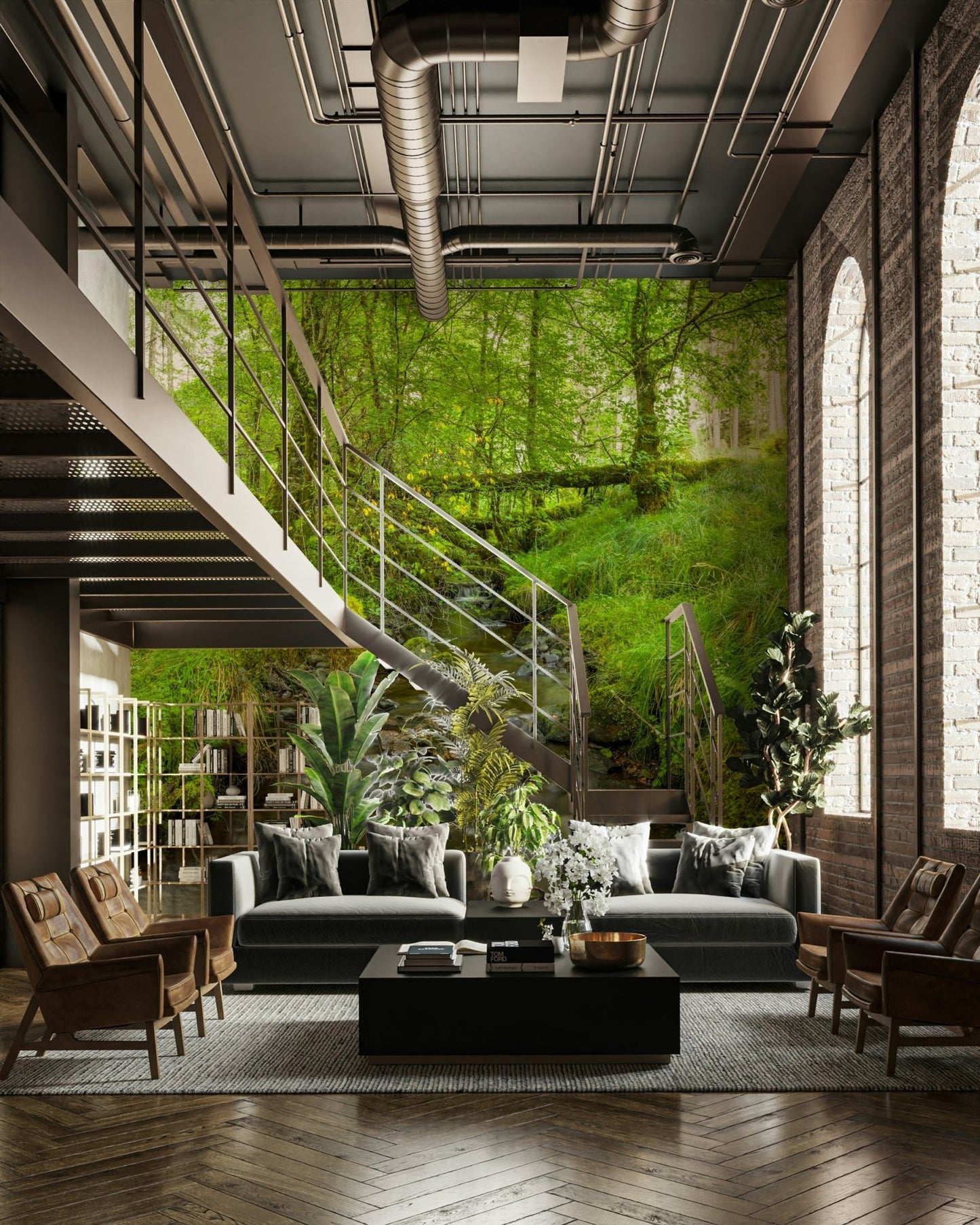 The mural gives a feeling of being in a lush, green forest.

