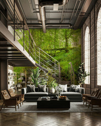 The mural gives a feeling of being in a lush, green forest.

