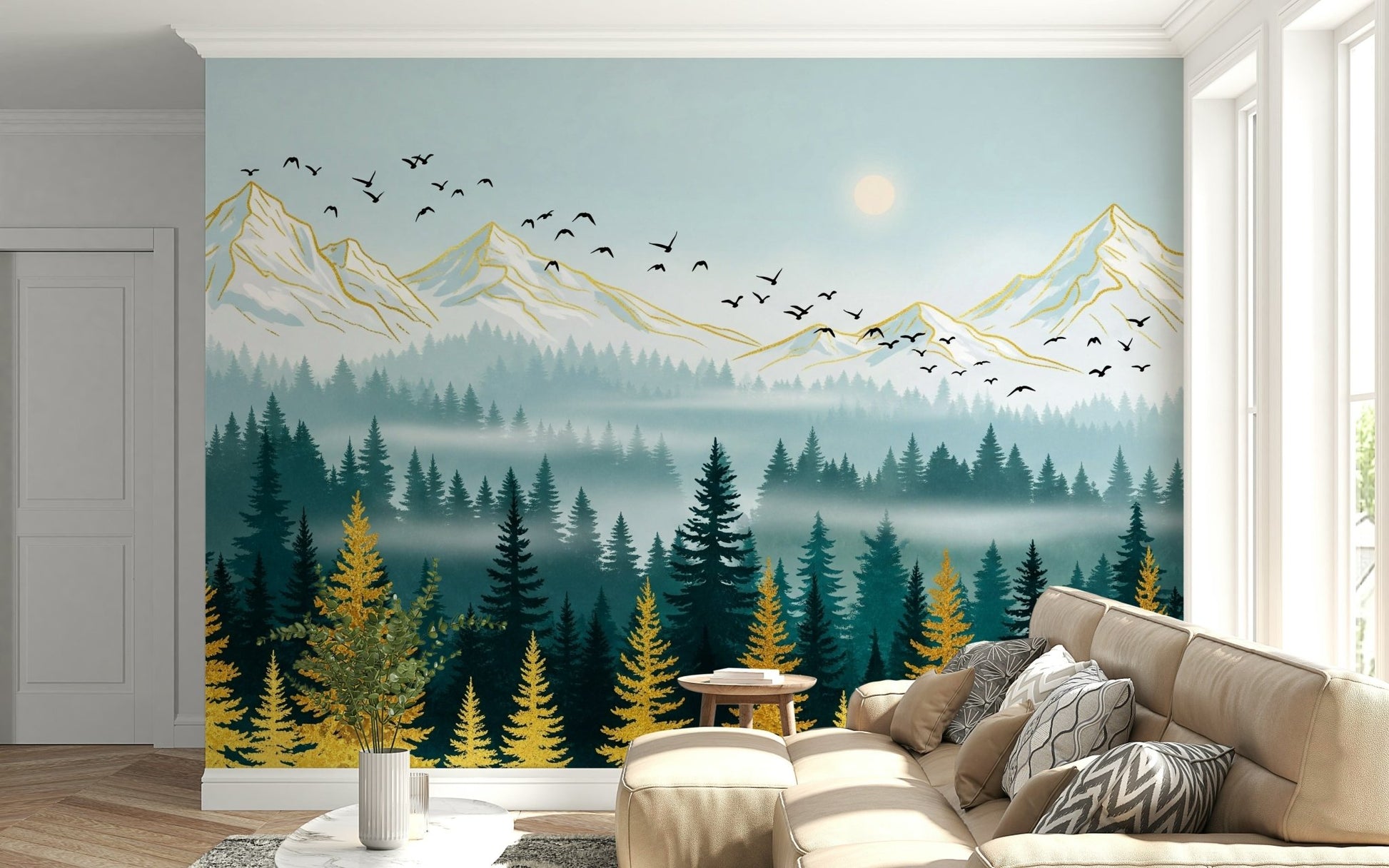 Misty pine trees Emerald Forest peel and stick wallpaper.