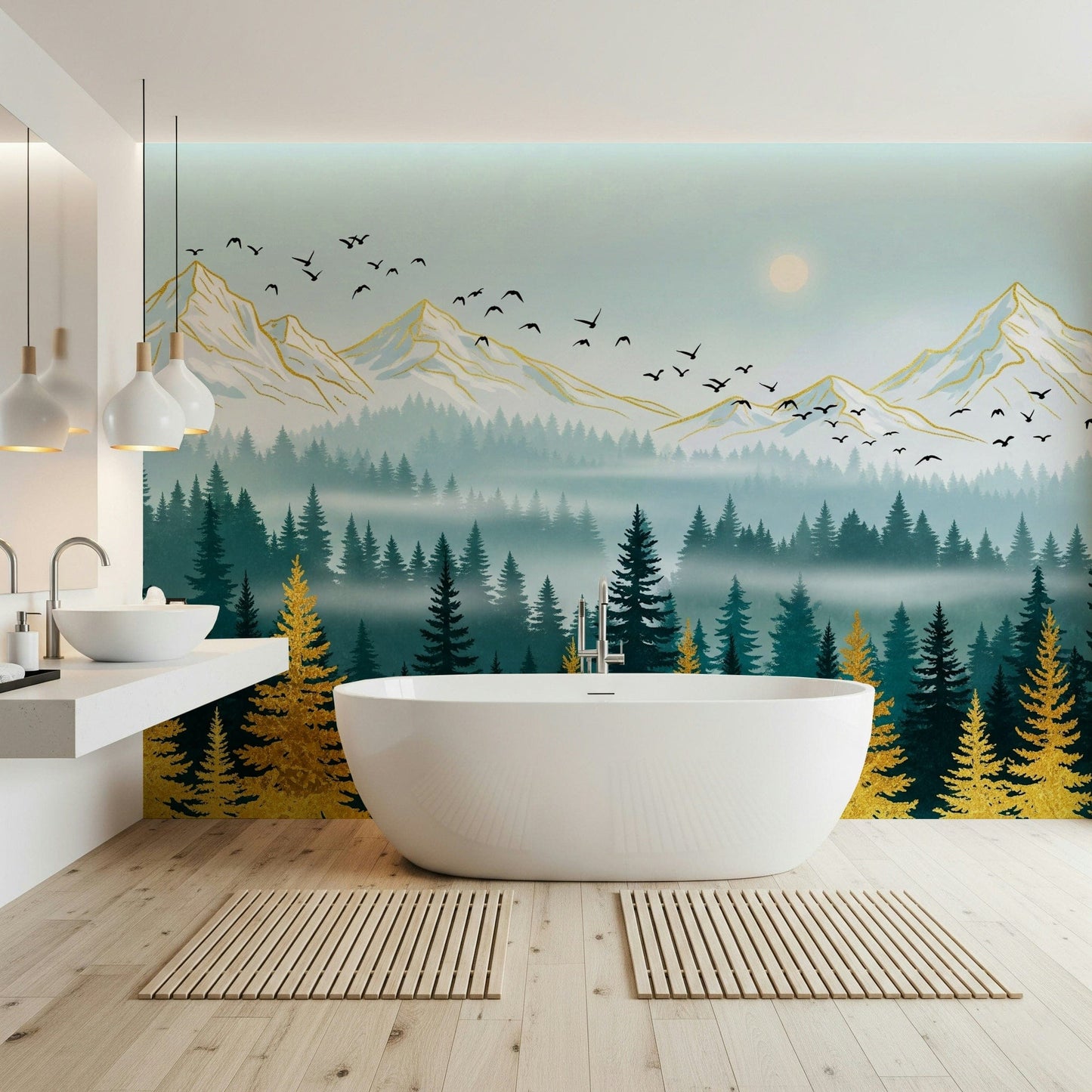 Emerald Forest wallpaper mural showcasing soaring mountain birds.