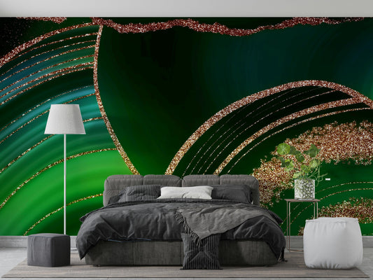 Wall mural with a gilded geodes pattern.

