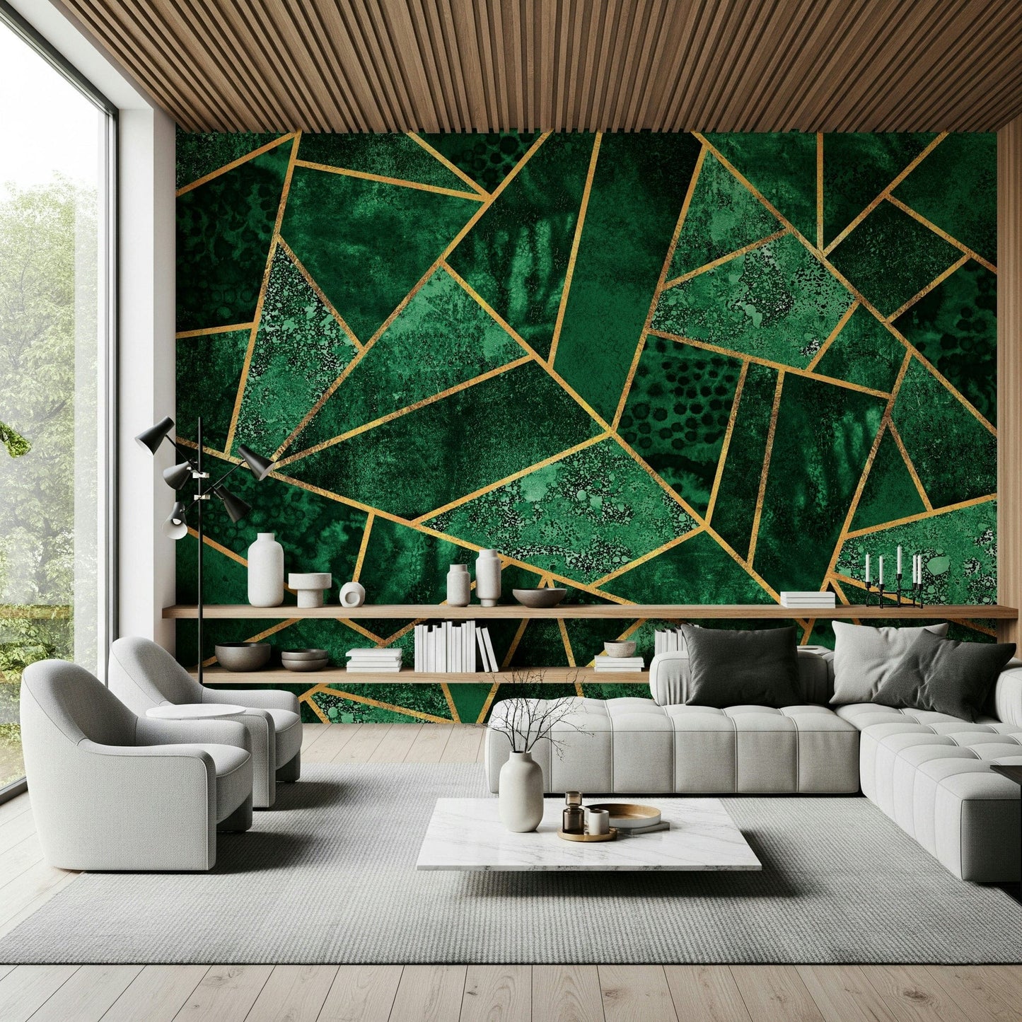 A calming modern pattern wallpaper mural that defines a space.