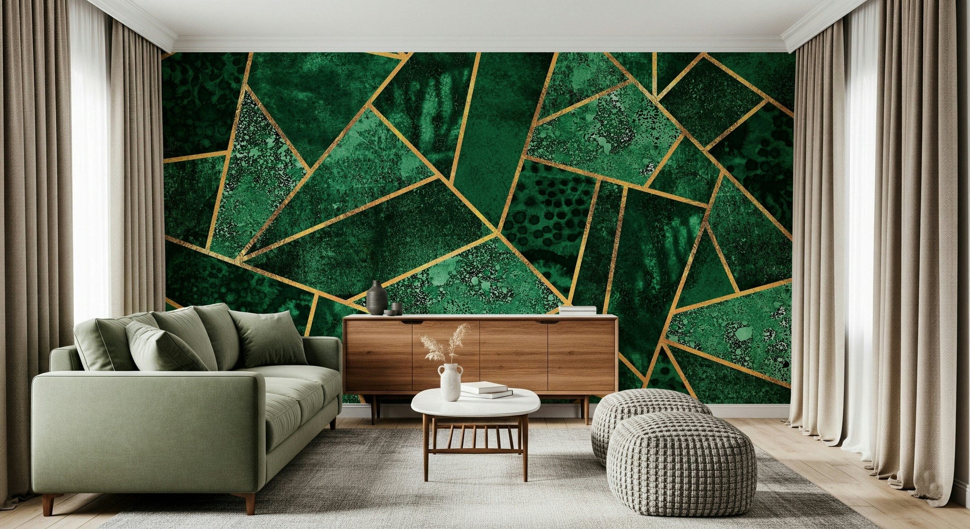 A graceful subtle block wall mural in cool, green tones.