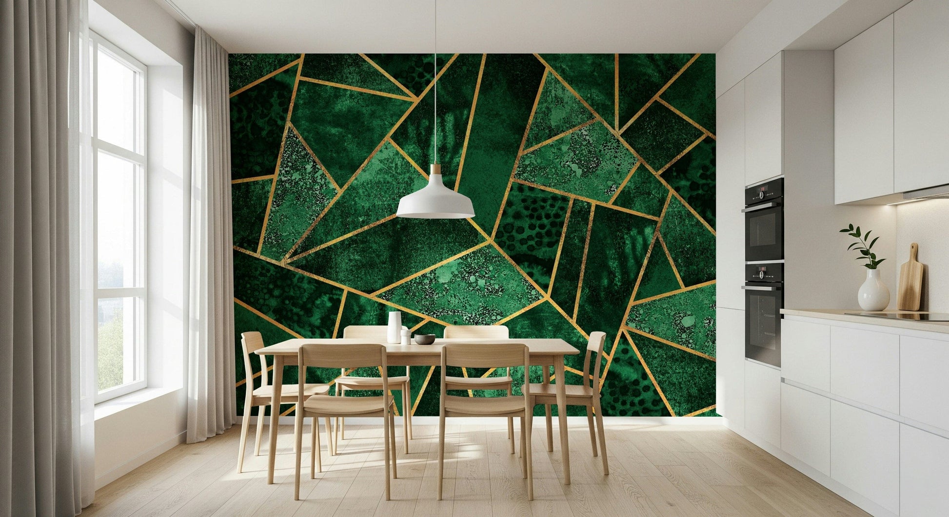 An artistic abstract block mural on minimalist wallpaper.