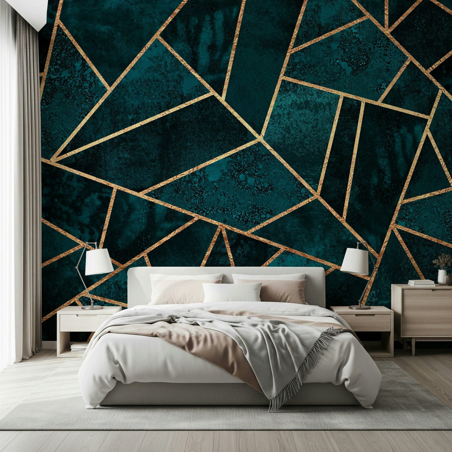 A classic abstract block wallpaper for walls with gold foil.
