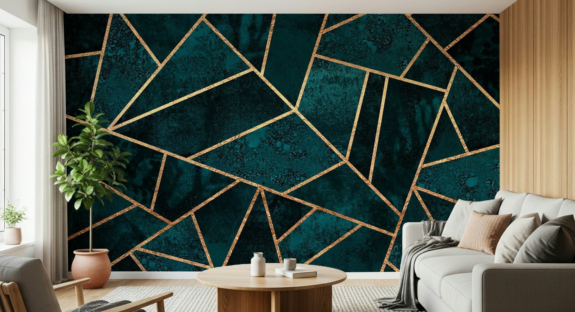 A peaceful geometric design mural on decorative wallpaper.