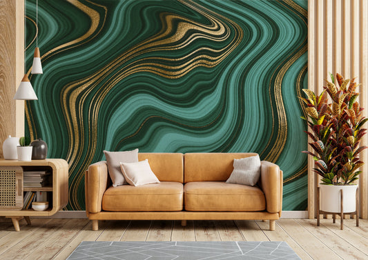 A close-up of the delicate gold and emerald texture.

