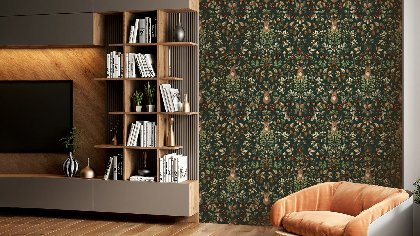 A wallpaper with a classic William Morris-style repeating pattern.
