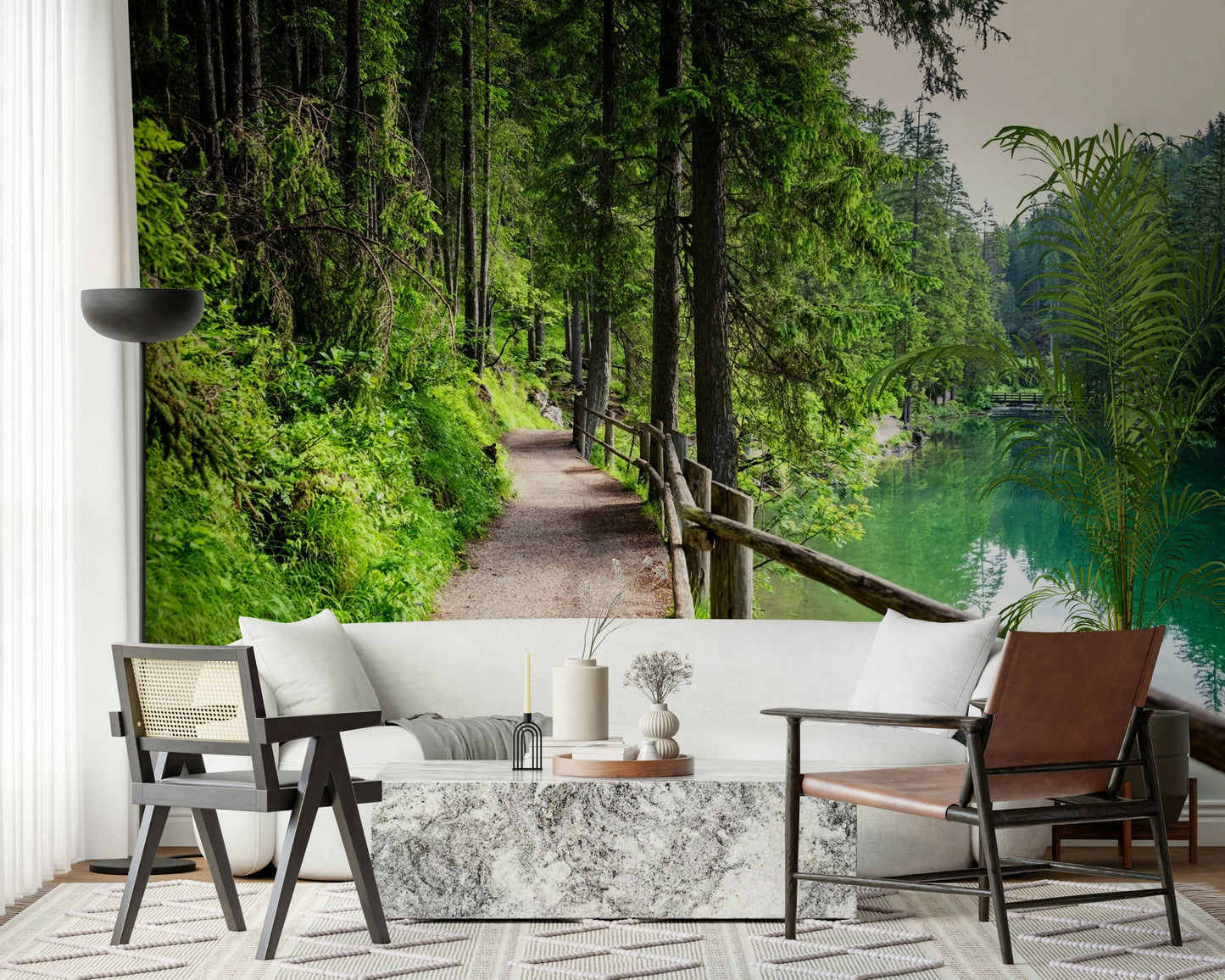 Mountain lake trail wallpaper for bedroom, green and blue colour palette